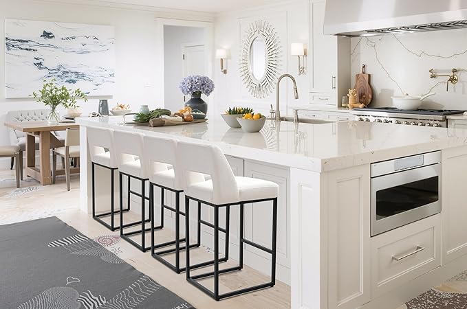 Counter Height Black and White Bar Stools Set of 2 for Kitchen Counter Modern Bar Chairs with Backs for Kitchen Island with Upholstered Fabric Seat and Metal Frame, 26 Inch