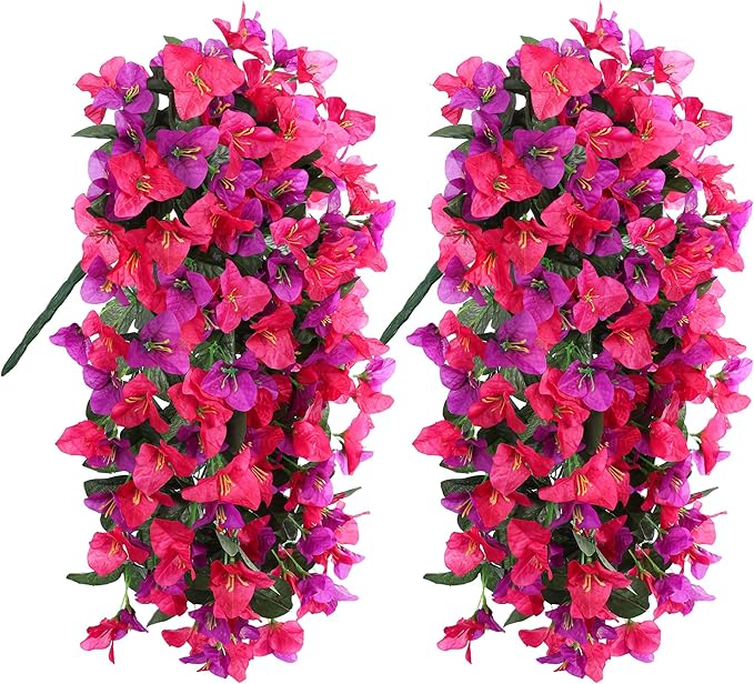 Bougainvillea Artificial Hanging Flowers Plants for Outdoors Decoration, 2pcs Fake Flowers Silk Bougainvillea Vines Realistic UV Resistant Faux Flowers for Outdoor Planters Porch Patio, Mix
