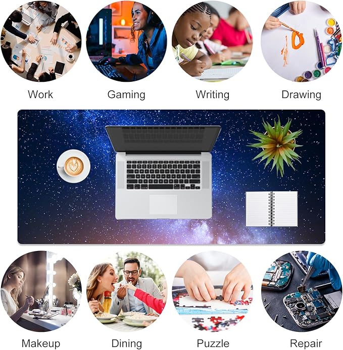 QIYI Large Desk Pad, Milky Way Mouse Pad Desktop Decor, Waterproof PU Leather Desk Cover Protector, Desk Accessories for Office Home Work Writing Gaming 31.5" x 15.7" - Blue Galaxy
