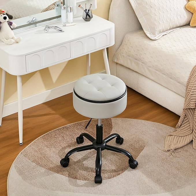 Rolling Chair (Stool & Small Table in One) (Adjustable Height Leather Pedicure Chair 20.67"-24.61"), Gray Tattoo Stool with Storage