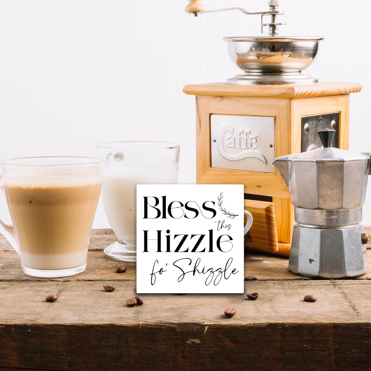 Bless This Hizzle Fo Shizzle Wooden Block Plaque - White Tabletop Sign Decor For Friend Family Coworker - 5"x5" Room Office Home Wood Block - Funny Desk Gifts Favors & Supplies - A09