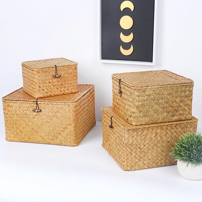 Wicker Shelf Baskets with Lid, Handwoven Seagrass Storage Basket Bins Square Gift Boxes for Shelves Home Decor Organizer (Natural, Large)
