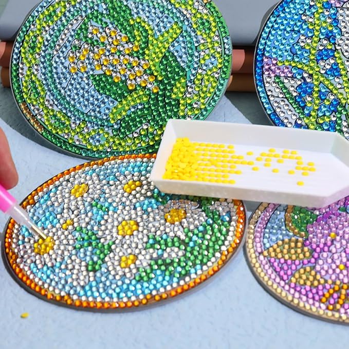 8 PCS Flowers Diamond Art Coasters Kits, Diamond Painting Coasters with Holder Set of 8, DIY Drink Coasters Art Crafts Supplies for Adults Cup Mat for Home Decor House Warming Gifts Non-Slip 3.9inch