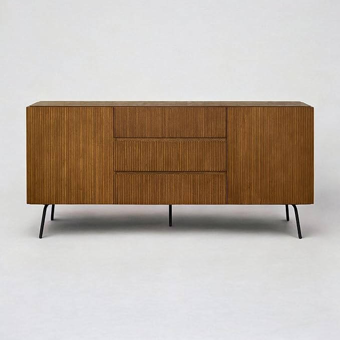 NTC Veil Sideboard with 2 Doors and 3 Drawers, Buffet Cabinet with Vertical Groove Design and Metal Legs, Storage Cabinet for Living Room, and Entryway, Effortless Assembly - Rustic Oak