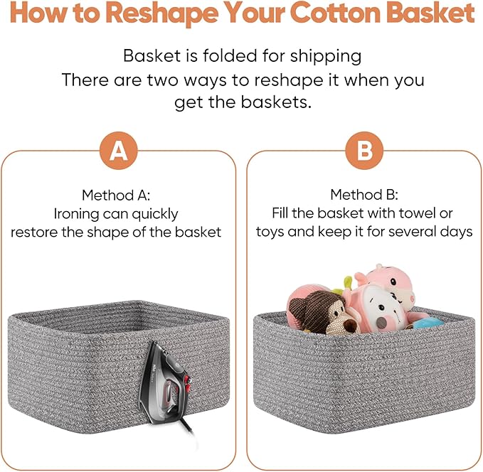 OIAHOMY 4 Pack 14.17*11.02*6.3IN Storage Baskets for Organizing Shelves, Woven Rope Baskets for Organizing Books, Clothes, Decorative Basket for Living Room, Nursery, Bedroom, Gift Basket, Grey