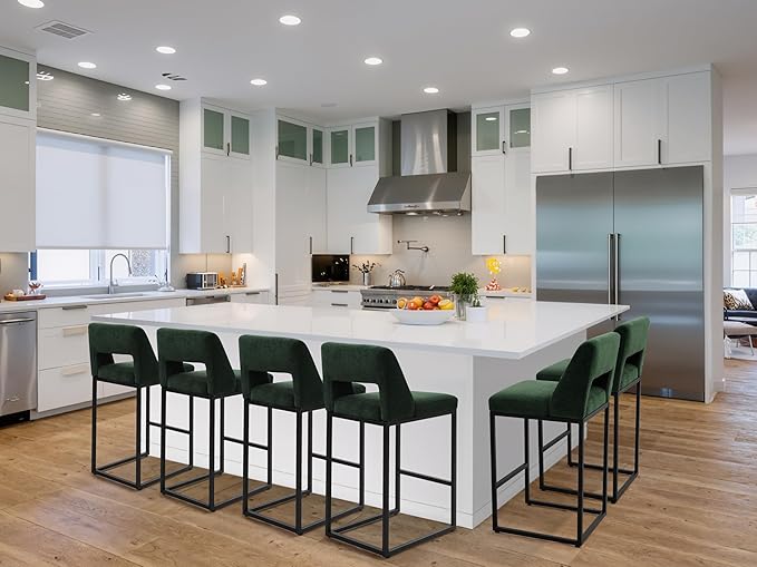 Counter Height Bar Stool for Kitchen Counter Modern Bar Chair with Back for Kitchen Island with Upholstered Fabric Seat and Metal Frame, Green, 26 Inch