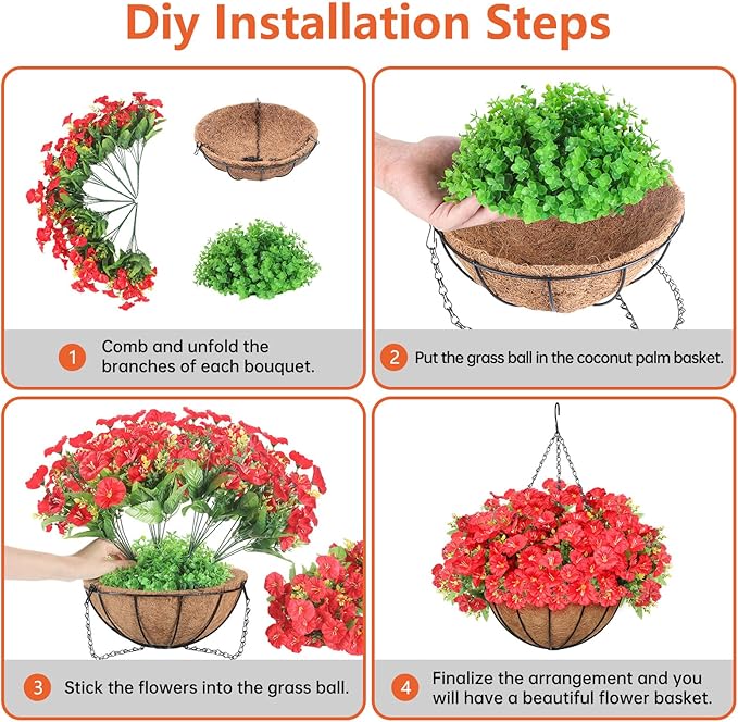 Artificial Hanging Flowers Basket, Fake Plants, for Spring Summer Outdoor Decoration, Faux Silk Petunias Eucalyptus,UV Resistant, Coconut Planter wtih Morning Glories, for Porch Garden Decor (Red)