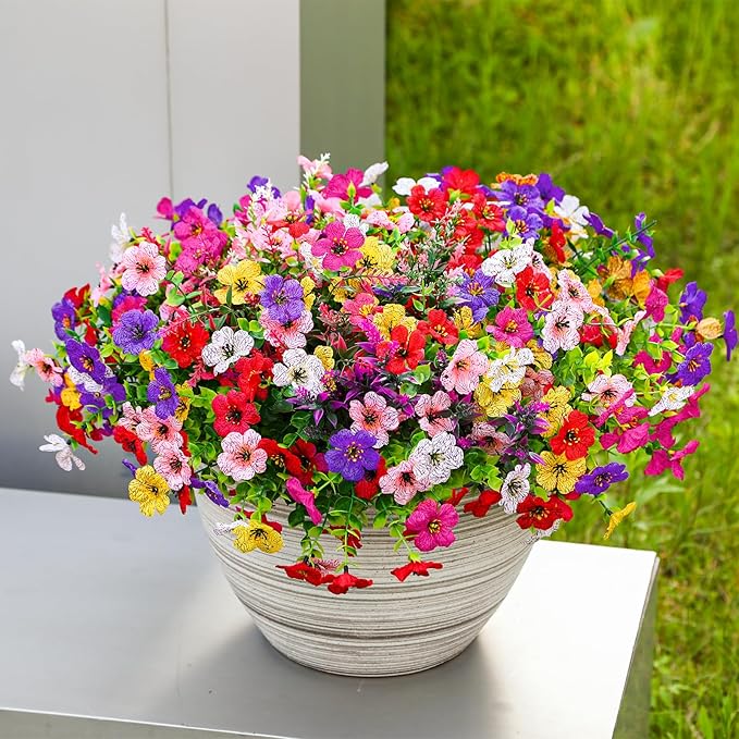 SHareconn 48 Bundles Artificial Flowers for Outdoors, Faux Plants Fake Silk Colorful Daisy Eucalyptus Lavender, UV Resistant for Outside Home Porch Patio Spring Decor, RedRosyPurpleYellowPinkWhite