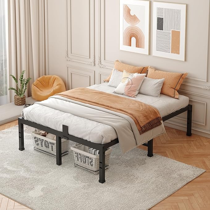 FUIOBYVV Queen Bed Frames, 16 Inch Heavy Duty Metal Platform Bed Frame Qwin Size Support Up to 3500 lbs, No Box Spring Needed, Headboard Compatible,Steel Slat Support, Noise Free, Easy Assembly