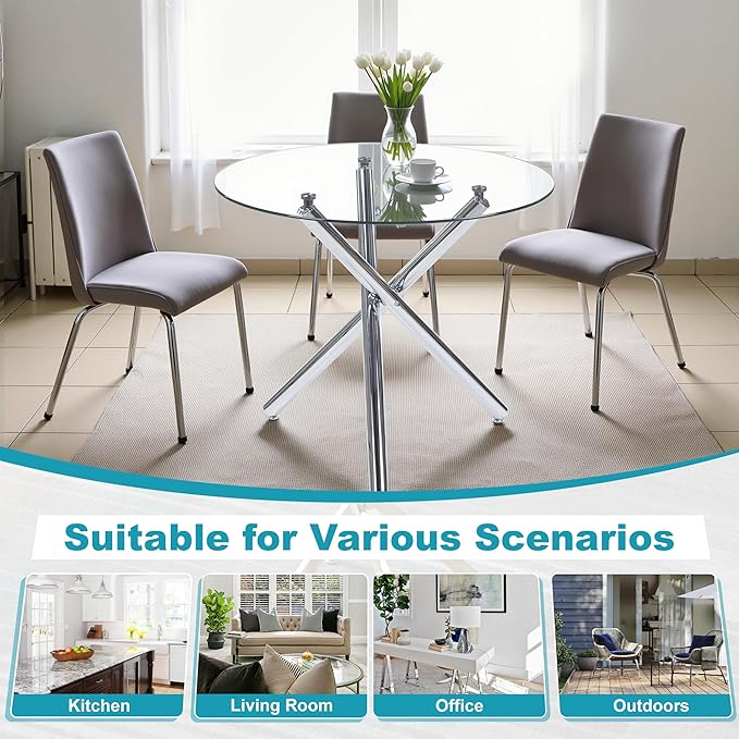Kitchen Table Classic Dining Table for 4 Round Glass Dining Table 35.43" Kitchen & Dining Room Tables with Metal Legs and Glass Tabletop for Dining Room and Apartment, Silver