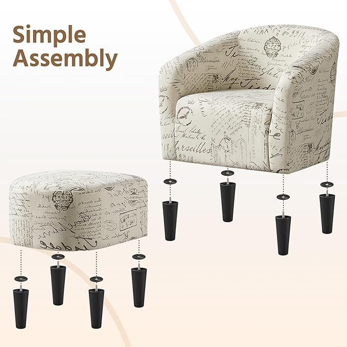 Yaheetech Modren Club Chair with Ottoman, Fabric Accent Armchair with Footstool, Upholstered Barrel Chair and Footrest for Living Room Bedroom Guestroom, Letter Print
