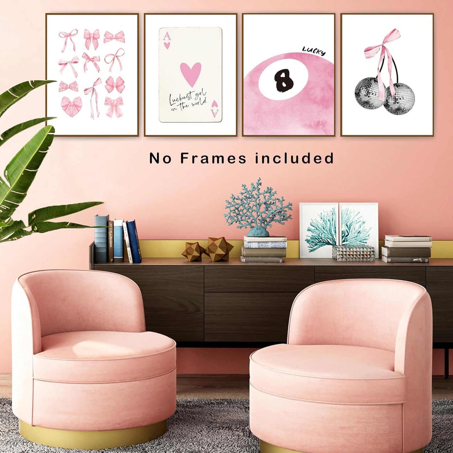 Pink Coquette Trendy Preppy Wall Art Prints Set of 4, Coquette Room Decor, Preppy Room Decor Aesthetic, Pink Bow Disco 8 Ball Cherry Wall Decor Posters for Girls Bedroom Dorm, 12x16 Unframed