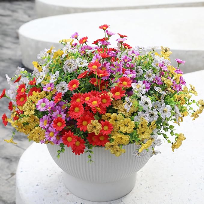 Artificial Outdoor Flowers 12 Bundles Spring Summer Silk Fake Plants Colorful Outside Realistic Wild Flower Plants Vibrant Durable Perfect Front Porch Planter Decoration (Multi Colour 1#)