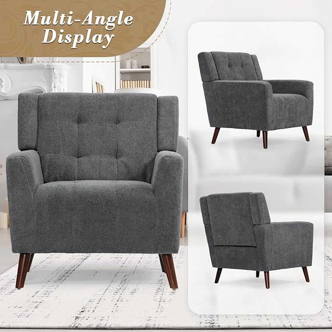 Athena Collection Wingback Accent Chair for Living Room, Comfy Linen Fabric Upholstered Reading Chair for Adults, Single Sofa Armchair for Bedroom, Dorm, Balcony, Dark Grey