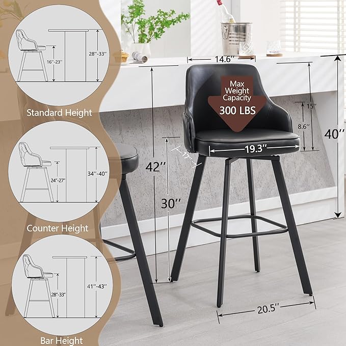 Bar Stools Set of 4, 30" Swivel Bar Height Bar Stools with High Back, Faux Leather Kitchen Barstool for Kitchen Island (Black, 4PCS 30" Bar Stools)