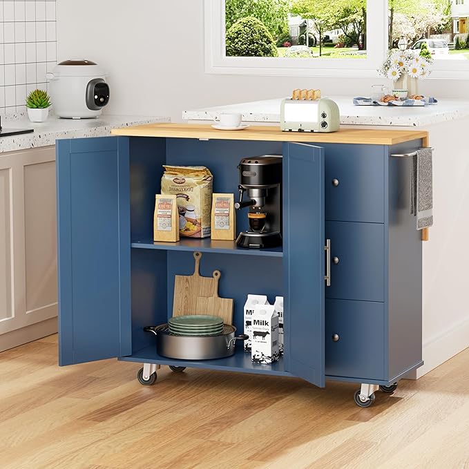 Shintenchi Kitchen Island with Folding Drop Leaf, Rolling Island Table with Storage, Kitchen Cabinet on Wheels with Seating Area for Kitchen, Bar Cart with Cabinet, Blue