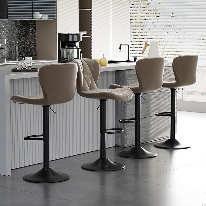 Bar Stools Set of 3,Adjustable Swivel Barstools, Faux Leather Bar Chairs,Upholstered Counter Height with High Backrest for Kitchen Island, Dark Khaki