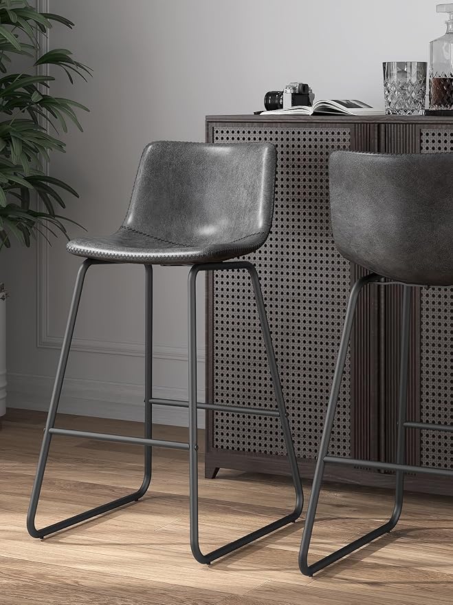 Bar Stools Set of 3, 26 Inches Counter Height Bar Stools with Back, Modern Faux Leather Barstools with Metal Legs and Footrest, Bar Chairs for Kitchens Island (Gray)