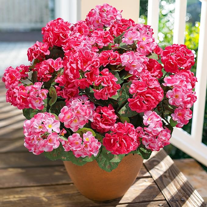 Artificial Geranium Fake Flowers for Outdoors Decoration, 6 Bundles Silk Geraniums Flower UV Resistant Look Real Faux Plants for Front Door Garden Porch Planter Patio Balcony Yard Indoor Home, Mix