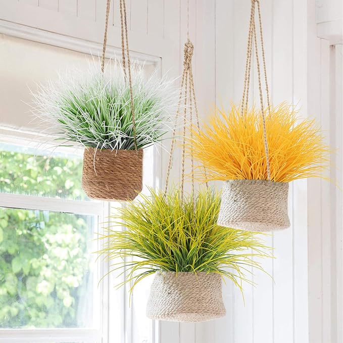 RECUTMS Artificial Grasses for Outdoor Planters Outdoor Greenery White Plastic House Plants Faux Grass for Planters Wedding Indoor Outside Garden Porch Home Office Window Box Decor(White)