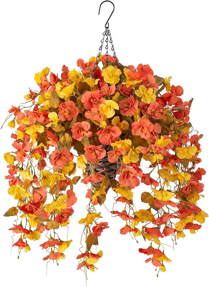 Artificial Fake Fall Hanging Flowers Baskets for Outdoor Decoration, Faux Silk Hibiscus Long Vines in Planter Realistic Flower Plants for Outside Home Porch Patio Garden (Fall YellowOrange)