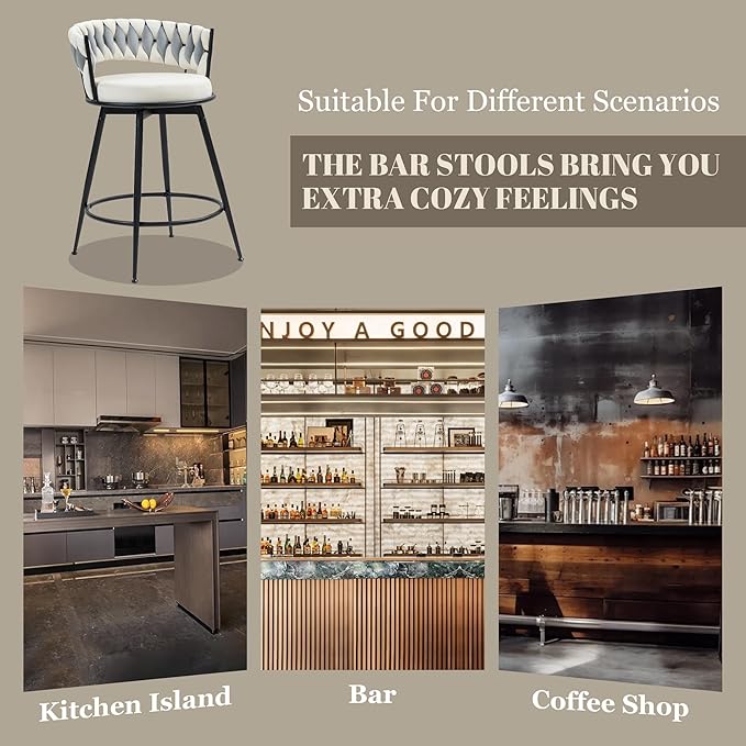 Counter Height Bar Stools Set of 3, 28 Inch Bar Stool with Metal Legs, 360° Swivel Barstools with Woven Back Leather Upholstered, Modern Chair for Kitchen Island, Cafe