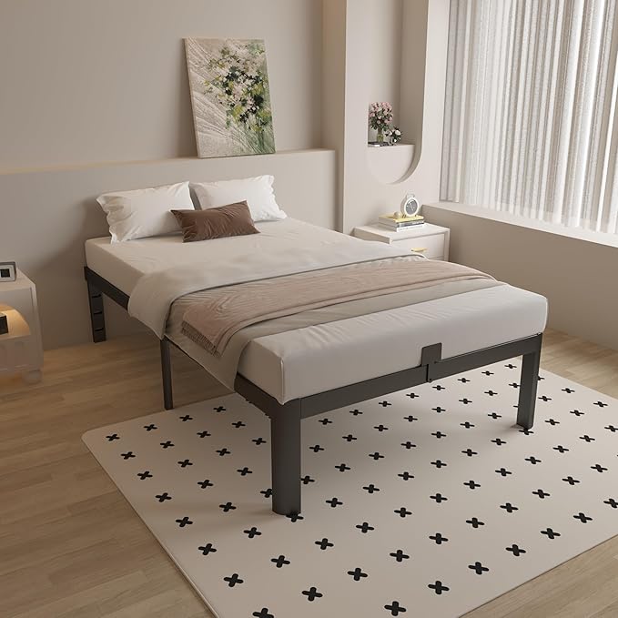 14 Inch Twin Bed Frames with Metal Gaskets, Black Bed Frame Twin Size No Box Spring Needed, Heavy Duty Steel Platform Supprt, Rounded Corner Legs, Reserved Holes, Noise Free, Easy Assembly