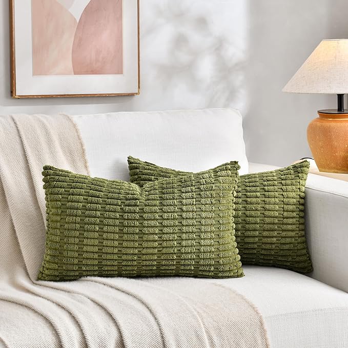 Fancy Homi 2 Packs Boho Moss Green Decorative Throw Pillow Covers 14x24 Inch for Couch Bed Sofa, Rustic Modern Farmhouse Home Decor, Soft Plush Corduroy Cute Rectangle Cushion Case 35x60 cm