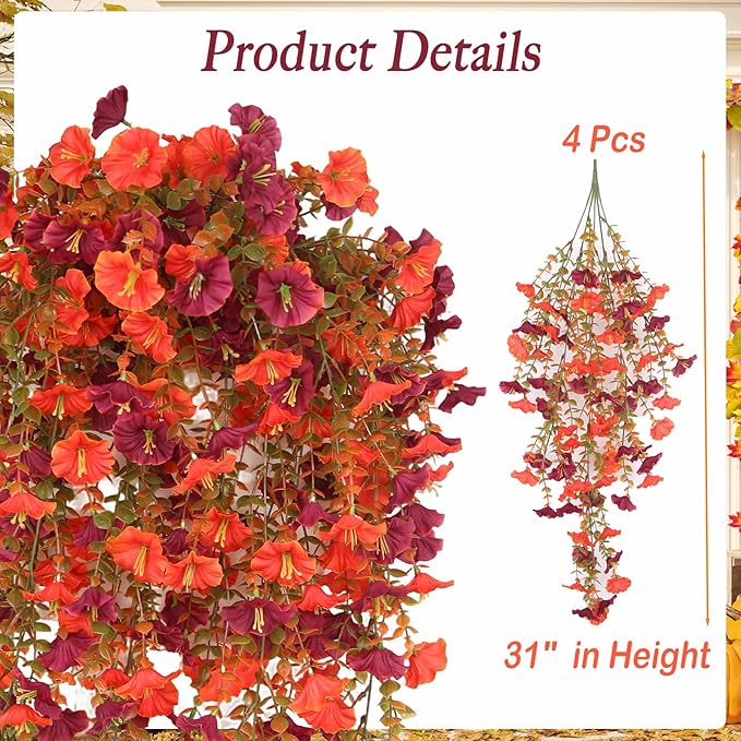 Artificial Fall Flowers for Outdoors, 4 pcs Fall Faux Mums for Outdoor Planters, Fake Mums for Yard Patio Lawn Garden, Artificial Flowers Fall Porch Decor, Morning Glory Silk Flowers