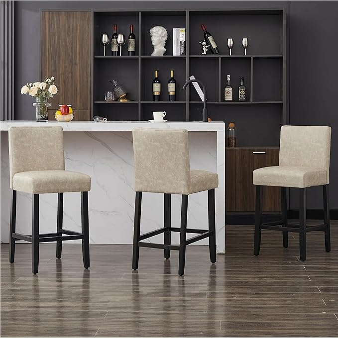 26'' Faux Leather Bar Stools Set of 2, Modern Upholstered Bar Height Bar Chairs, Soild Wood Legs Barstools with Back, Beige