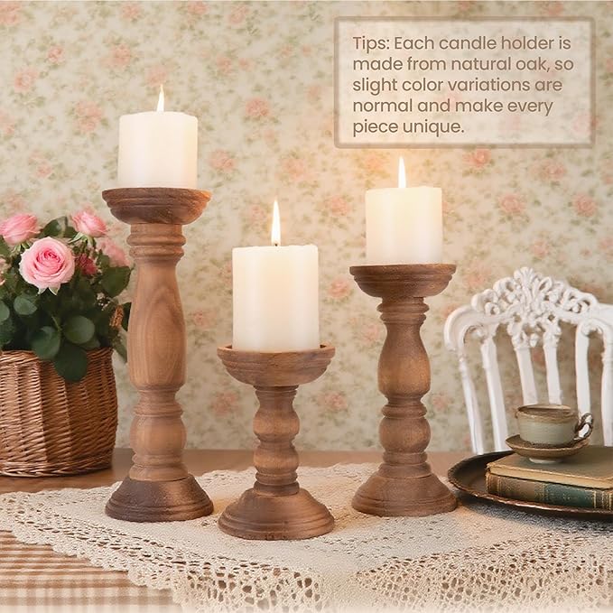 Farmhouse Wooden Candle Holders for Pillar Candles Set of 3, Rustic Wood Candle Holder Table Centerpiece Decor, 12'' 9'' 6'' Vintage Tall Candle Stand Decorative, Brown