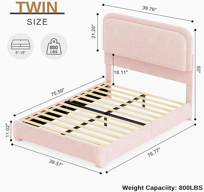 Twin Size Bed Frame for Kids, Soft Teddy Fleece Upholstered Platform Bedframe with Thickened Rounded Corners Headboard Footboard, Modern Curved Shaped Cloud Beds with LED Lights, Pink