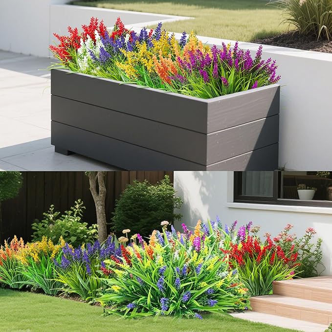 Realistic Artificial Flowers and Plants for Outdoors-24 Bundles Bulk Plastic Flowers, Colorful Faux Lavender Monkey Grass,UV Resistant Fake Plants for Outside,Porch,Window Box,Summer Decor(Mixed)