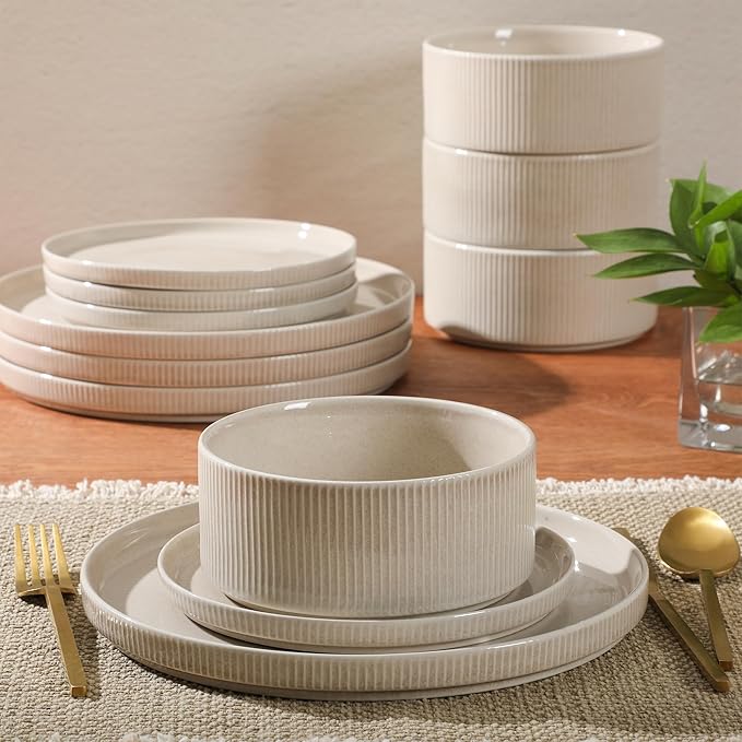 Gibson Elite Solana Coast 12 Piece Stoneware Reactive Glaze (Service for 4) Ceramic Plates and Bowls Modern Shape Embossed Dinnerware Set - Cream White