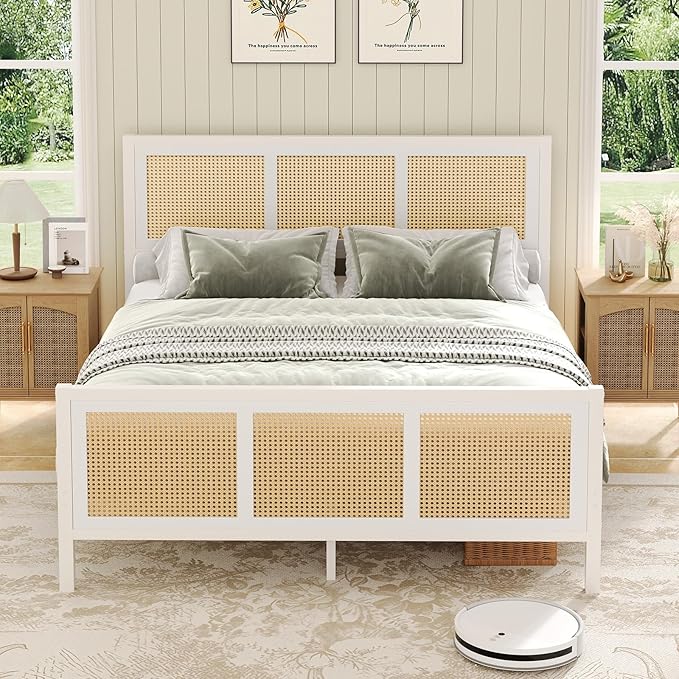 Rattan Bed Frame Queen, Boho Bed Frame with Headboard, Metal Platform Bed Frame Queen Size with Strong Slats Support, No Box Spring Needed, Noise Free, Easy Assembly, White