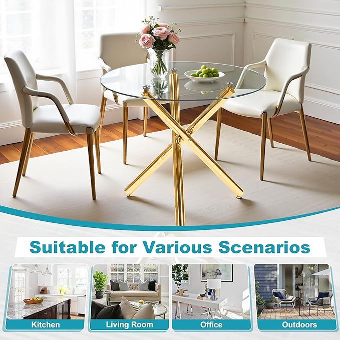 Kitchen Table Classic Dining Table for 4 Round Glass Dining Table 35.4" Kitchen & Dining Room Tables with Metal Legs and Glass Tabletop for Dining Room and Apartment, Golden