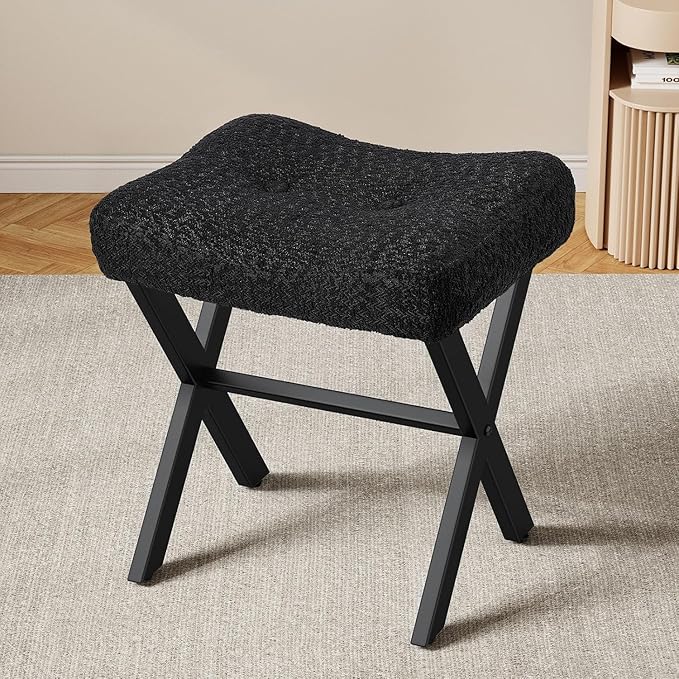 18-Inch Vanity Stool Chair, Vanity Bench with Metal X-Legs, Ottoman Accent Stool with Breathable and Soft Boucle Fabric Saddle Seat, Black