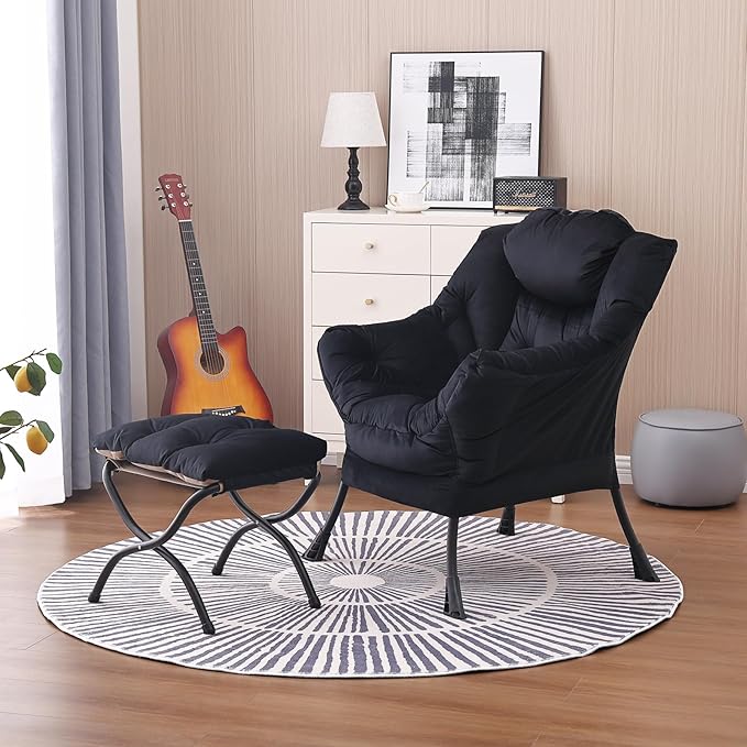 Lazy Chair and Ottoman, Large Accent Lounge Chair with Armrests and a Side Pocket, Modern Leisure Upholstered Sofa Reading Armchair with Footrest for Bedroom, Living Room, Dorm Rooms, Office