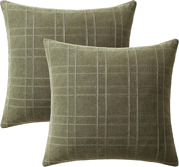 MIULEE Decorative Linen Check Throw Pillow Covers Neutral Farmhouse Vintage Pillow Covers 20x20 Set of 2 Boho Modern Home Decor for Sofa Couch Bedroom Cushion Sage Green