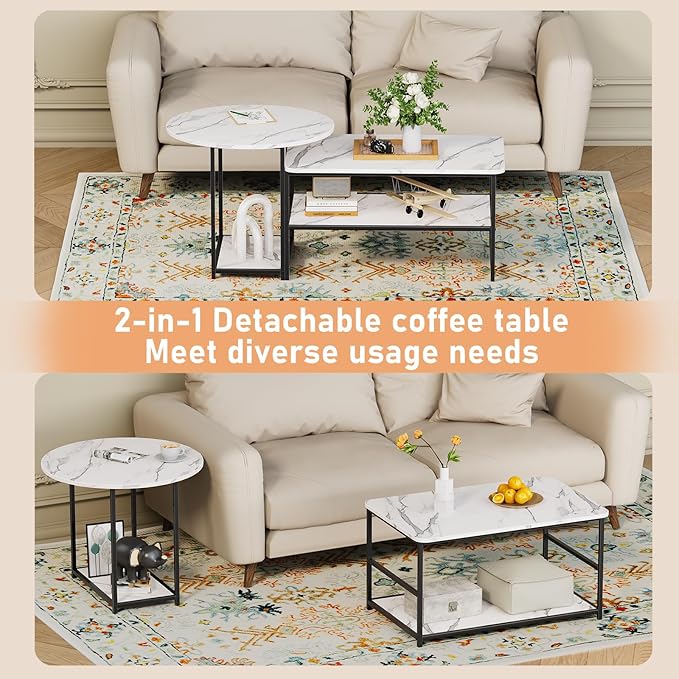 WOHOMO 48IN Faux Marble Wood Coffee Table with Adjustable Shelf, White Nesting Tables 2 in 1, Small Coffee Tables for Living Room