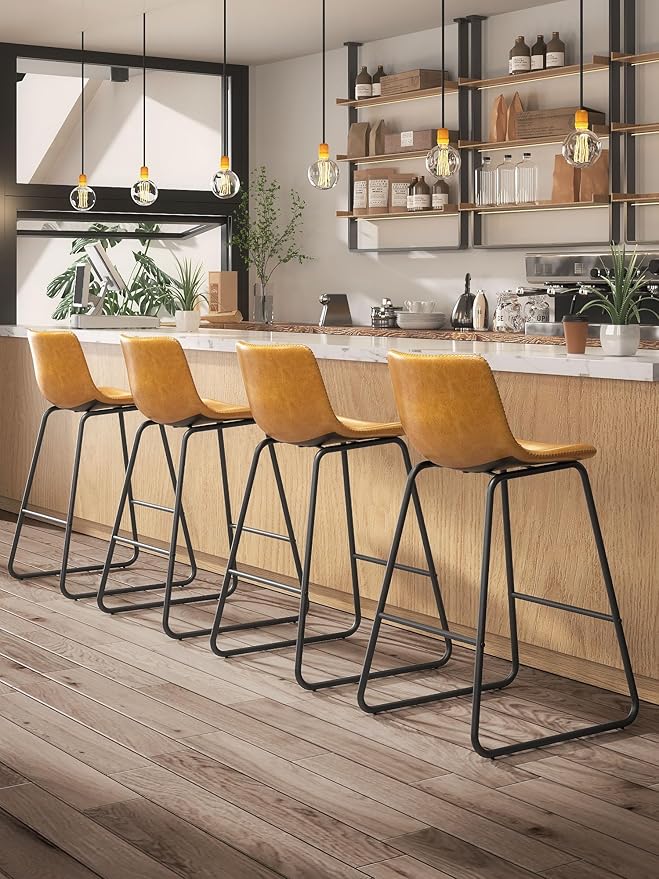 Bar Stools Set of 3, 26 Inches Counter Height Bar Stools with Back, Modern Faux Leather Barstools with Metal Legs and Footrest, Bar Chairs for Kitchens Island (Whiskey Brown)