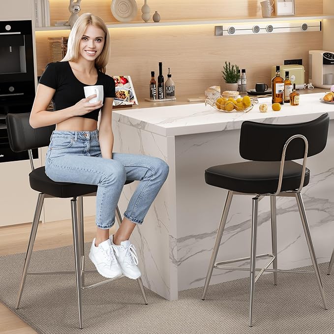 Swivel Counter Height Bar Stools Set of 4, 26" Leather Kitchen Swivel Counter Stools with Backs, Metal Legs and Footrest, Bar Chairs for Kitchen Island, Black