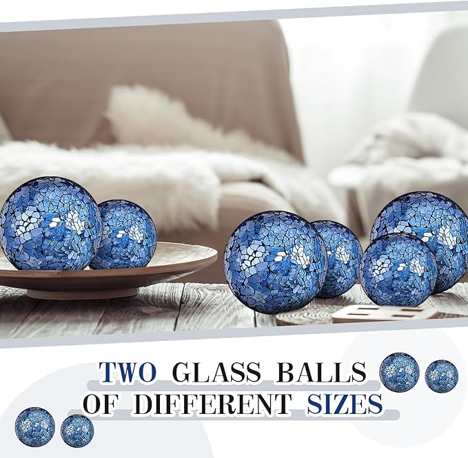8 Pcs 3'' 4'' Decorative Ball for Centerpiece Bowls Glass Mosaic Sphere Decorative Orbs for Bowl Vase Fillers Christmas Wedding Party Dining Room Table Decor(Blue)
