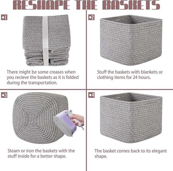 OIAHOMY 9”x9”x7” Storage Cubes, Cotton Rope Woven Baskets for Organizing, Cube Storage Bin, Small Gift Basket for Shelf, 3-Pack, Grey