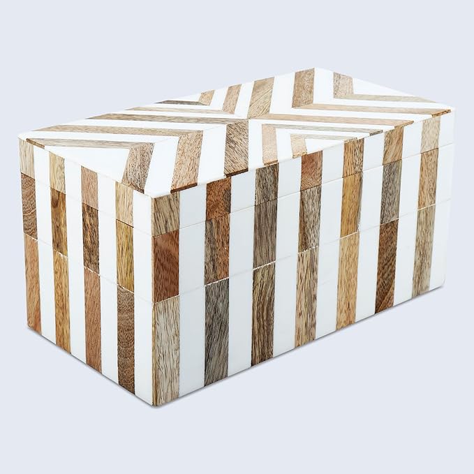 Handicrafts Home Marquet Chevron Decorative Box Shelf Decor, Dressing Table Organizer, Storage Box with Lid–Resin Inlay & Wood Organizer Box–Modern Decor, Keepsake, Jewelry Box for Women-10X5X5 Inch