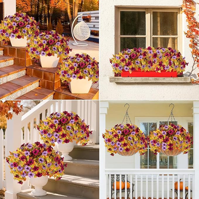 Artificial Fall Fake Flowers Plants for Outdoor Decoration,2 Pcs No Fade Faux Petunias,UV Resistant Realistic Autumn Silk Flowers,for Home Garden Balcony Yard Porch Deco (Burgundy Purple)