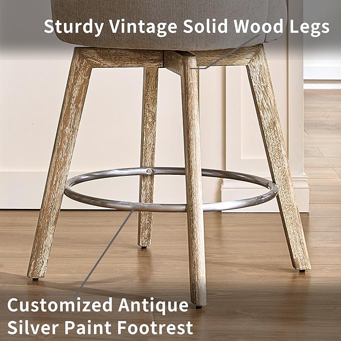 IWOOD Counter Height Bar Stools,Swivel Bar Stools with Backs,Barstools Set of 3,26'' Solid Wood Legs,Thick Seat Upholstered Linen Fabric Counter Height Stools in Sand