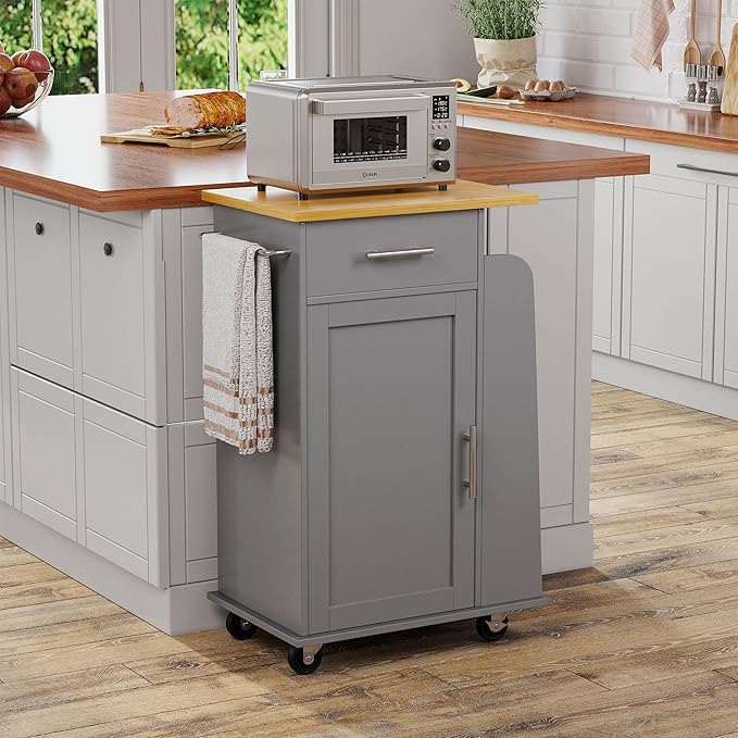 Shintenchi Small Kitchen Island on Wheels with 3-Tier Side Spice Rack and Rubber Wood Top, Trolley Cart with Storage Cabinet & Drawer and Handle/Towel Rack, Gray