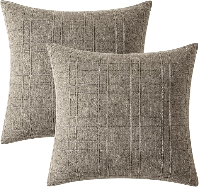 MIULEE Decorative Linen Check Throw Pillow Covers Neutral Farmhouse Vintage Pillow Covers 18x18 Set of 2 Boho Modern Winter Home Decor for Sofa Couch Bedroom Cushion Tan Taupe