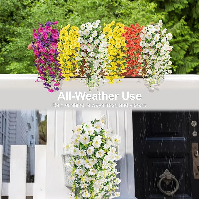 Artificial Flowers for Outdoors Decoration, 4Pcs Fake Hanging Flowers Morning Glory UV & Fading Resistant, Artificial Faux Plants Deocr for Home Porch Patio Balcony Planter Yard Garden Farmhouse